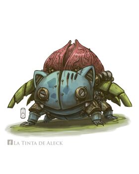 claws commentary commentary_request english_commentary fangs full_body gen_1_pokemon highres ivysaur mecha mechanization nintendo no_humans non-humanoid_robot pokemon pokemon_(creature) robot robot_animal rustyrobot_art screw signature simple_background white_background