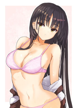Rule 34 | 1girl, arms behind back, black hair, border, bra, breasts, cafe stella to shinigami no chou, cleavage, collarbone, commentary, cowboy shot, earrings, eyelashes, eyes visible through hair, floral print, floral print bra, hair between eyes, hair over breasts, highres, jewelry, lace, lace-trimmed bra, lace trim, large breasts, long hair, looking at viewer, navel, nowa2109, outline, outside border, panties, parted lips, pink background, pink bra, pink panties, print bra, shiki natsume, simple background, solo, stomach, straight hair, stud earrings, underwear, underwear only, undressing, very long hair, white border, white outline, yellow eyes