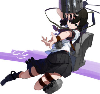 1girl absurdres adapted_turret black_eyes black_hair black_sailor_collar black_skirt braid brown_eyes brown_hair brown_neckerchief gegesan hair_between_eyes highres isonami_(kancolle) isonami_kai_ni_(kancolle) kantai_collection long_hair machinery neckerchief pleated_skirt rigging rudder_footwear sailor_collar school_uniform serafuku ship_turret short_sleeves signature single_braid skirt smokestack solo torpedo_launcher torpedo_tubes