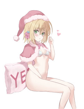 1girl :/ absurdres between_legs blush bottomless bow bra braid breasts christmas cleavage closed_mouth commentary_request embarrassed eyes_visible_through_hair feet_out_of_frame frown fur-trimmed_headwear fur_trim green_eyes hair_between_eyes hair_bow hair_intakes hair_ornament hand_between_own_legs hand_up hat heart highres invisible_chair kariya_wakana looking_at_viewer medium_hair melani_e navel pillow pink_bow red_hat sanoba_witch santa_hat side_braid simple_background sitting small_breasts solo star_(symbol) star_hair_ornament stomach sweatdrop thighs underboob underwear white_background white_bra yes yes-no_pillow