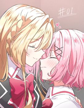 Rule 34 | 2girls, amaori renako, ashigaya high school uniform, black jacket, blonde hair, blush, bow, bowtie, closed eyes, closed mouth, collared shirt, commentary request, hand on another's shoulder, heart, highres, jacket, kiss, kissing nose, long hair, multiple girls, ouzuka mai, pink hair, red bow, red bowtie, rio beginner, school uniform, shirt, short hair, sweat, watashi ga koibito ni nareru wake naijan murimuri!, white shirt, yuri