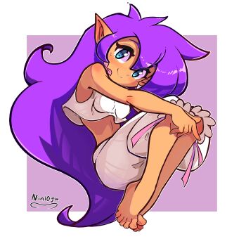 1girl absurdres artist_name barefoot big_hair blue_eyes border breasts closed_mouth commentary crop_top dark-skinned_female dark_skin english_commentary full_body hand_on_own_knee head_tilt highres knees_up long_hair looking_at_viewer nin10ja pajamas pointy_ears purple_background purple_hair shantae shantae_(series) sleepwear small_breasts smile solo very_long_hair white_border white_pajamas