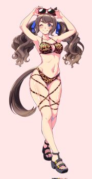 1girl alternate_costume animal_ears armpits arms_up bikini blue_eyes blush breasts brown_hair cleavage closed_mouth collarbone commentary_request fingernails full_body hair_between_eyes hair_ornament hashtag-only_commentary highres horse_ears horse_girl kasuta.net long_hair looking_at_viewer navel one_eye_closed simple_background smile standing sunglasses swimsuit tosen_jordan_(umamusume) umamusume