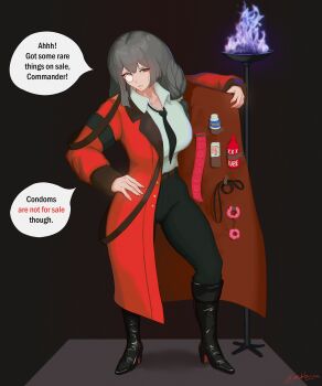 1girl absurdres black_boots black_necktie black_pants boots brown_eyes coat collared_shirt condom condom_wrapper full_body girls&#039;_frontline grey_hair helianthus_(girls&#039;_frontline) highres long_hair long_sleeves looking_at_viewer merchant_(resident_evil) monocle necktie nishibuya open_clothes open_coat pants parody parted_lips red_coat resident_evil resident_evil_4 sex_toy shirt shirt_tucked_in solo standing twitter_username white_shirt