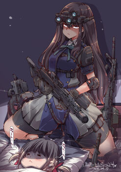 assault_rifle belt binoculars blank_stare blonde_hair blue_belt blue_eyes blue_ribbon blue_socks blush boxers breasts bullpup closed_eyes combat_knife dated dress feigning_sleep frown futon gloves green_ribbon grey_dress gun h&amp;k_g36c hair_between_eyes hair_ribbon head_on_pillow highres holding holding_weapon inoue_takina kneeling knife light_machine_gun long_hair lycoris_recoil lycoris_uniform m249_saw machine_gun male_underwear medium_breasts medium_hair neck_ribbon nishikigi_chisato p90 personal_defense_weapon pillow pleated_dress ribbon rifle scared short_sleeves sidelocks sniper_rifle socks speech_bubble submachine_gun thighs too_many_guns translation_request two-tone_dress underwear weapon yazawa_mana