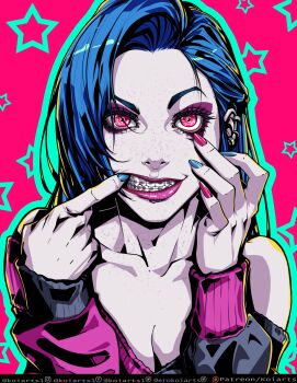 1girl absurdres artist_name asymmetrical_bangs bare_shoulders blue_hair blue_nails braces breasts cleavage duplicate ear_piercing earrings finger_in_own_mouth green_jacket green_outline highres jacket jewelry jinx_(league_of_legends) koiarts league_of_legends long_hair looking_at_viewer medium_breasts multicolored_jacket nail_polish outline piercing pink_background pink_eyes pink_jacket pink_lips pink_nails smile solo star_(symbol)