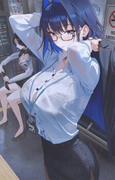 4girls artist_name bare_legs black-framed_eyewear black_hair black_shoes black_skirt blue_eyes blue_hair bra_visible_through_clothes breasts bus_stop bus_stop_shelter button_gap cleavage colored_inner_hair commentary demon_horns dog_girl dog_tail earrings english_commentary fuwawa_abyssgard glasses hair_intakes high_heels highres hololive hololive_english horns id_card jewelry large_breasts long_hair long_sleeves looking_at_viewer mococo_abyssgard mole mole_under_eye multicolored_hair multiple_girls nerissa_ravencroft no_smoking office_lady ouro_kronii pencil_skirt rain rectangular_eyewear red_eyes rucarachi semi-rimless_eyewear shared_umbrella shirt shoes short_hair siblings sisters skirt smile stud_earrings tail taking_shelter umbrella under-rim_eyewear virtual_youtuber white_shirt wringing_clothes