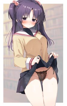 Rule 34 | 1girl, absurdres, black bow, black panties, black skirt, blazer, blurry, blurry background, blush, border, bow, bow panties, breasts, buttons, clannad, clothes lift, commentary, commission, cowboy shot, furrowed brow, gluteal fold, groin, hair between eyes, hair bobbles, hair ornament, highres, hikarizaka private high school uniform, ichinose kotomi, indoors, jacket, lace, lace-trimmed panties, lace trim, large breasts, lifting own clothes, lingerie, long hair, long sleeves, looking at viewer, miniskirt, outside border, panties, parted lips, pleated skirt, purple eyes, purple hair, sailor collar, school uniform, serafuku, sidelocks, skeb commission, skirt, skirt lift, solo, straight hair, sweat, sweatdrop, takepoison, thighs, turtleneck, two side up, underwear, white border, white sailor collar, wide sleeves, yellow jacket