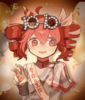 1girl ahoge balloon birthday blush bow confetti drill_hair eyewear_on_head grey_jacket hair_bow hand_up hashtag-only_commentary hat highres jacket kasane_teto kasane_teto_(sv) long_hair long_sleeves looking_at_viewer mikazuki123457 novelty_glasses open_mouth party_hat red_eyes red_hair sash short_hair shoulder_sash smile solo synthesizer_v twin_drills upper_body utau very_long_hair watermark