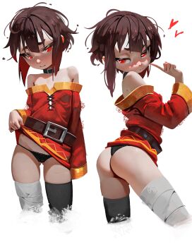 1girl absurdres ass asymmetrical_legwear bandaged_leg bandages bare_shoulders belt belt_collar black_belt black_collar black_panties black_thighhighs breasts brown_hair closed_mouth collar commentary dress english_commentary highres kono_subarashii_sekai_ni_shukufuku_wo! loli long_sleeves looking_at_viewer megumin mismatched_legwear multiple_views panties red_dress red_eyes short_hair simple_background small_breasts thighhighs underwear white_background yoko-chan_(mijizukeyoko)