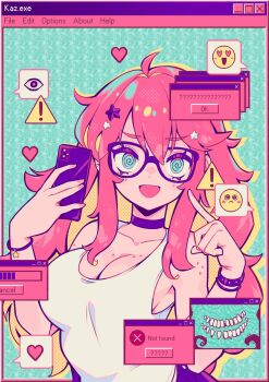 1girl @_@ aqua_eyes bare_shoulders black-framed_eyewear black_choker body_freckles bracelet breast_freckles breasts choker cleavage commentary commentary_request english_commentary freckles glasses hair_ornament highres holding holding_phone jewelry kaz_asteri large_breasts long_hair looking_at_viewer merchandise_available negative_frames open_mouth parororo phone pink_hair pointing pointing_at_self selfie shoulder_freckles smile solo star_(symbol) star_hair_ornament tank_top upper_body white_tank_top window_(computing)