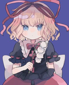 Rule 34 | 1girl, black shirt, blonde hair, blue background, blue eyes, bow, bowtie, closed mouth, collared shirt, commentary, cowboy shot, dot mouth, flower, frilled shirt collar, frills, hair ribbon, hiyuu (hiyualice), lily of the valley, medicine melancholy, puffy short sleeves, puffy sleeves, red bow, red bowtie, red ribbon, red skirt, ribbon, shirt, short hair, short sleeves, skirt, solo, touhou, white bow, white flower