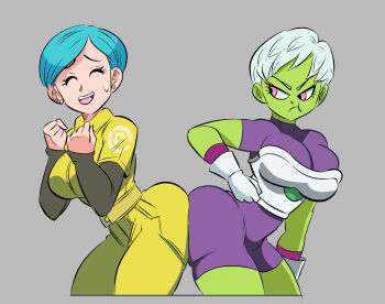 2girls ass ass-to-ass ass_press blue_hair breasts bulma cheelai clenched_hands colored_skin dragon_ball dragon_ball_super earrings funsexydragonball gloves green_skin grey_background highres jewelry large_breasts multiple_girls pink_eyes sexually_suggestive short_hair smile sweatdrop teeth upper_teeth_only white_gloves white_hair yuri