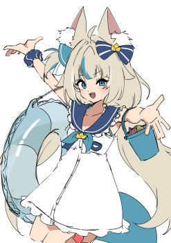 1girl absurdres animal_ears blonde_hair blue_bow blue_eyes blue_scrunchie blue_streaks bow cat_ears commentary dress english_commentary fins fish_girl fish_tail hair_bow highres indie_virtual_youtuber long_hair looking_at_viewer low_twintails mocchan_(mo_chan0225) open_mouth sameko_saba sameko_saba_(1st_costume) scrunchie smile solo tail teeth twintails upper_teeth_only very_long_hair virtual_youtuber white_dress
