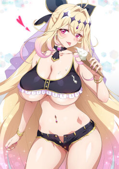 1girl :p alternate_breast_size_(larger) bikini black_bikini black_bow black_shorts blonde_hair bow breasts commentary_request cure_arcana_shadow food gradient_hair hair_bow highres holding holding_food holding_ice_cream ice_cream joy_ride large_breasts long_hair looking_at_viewer meitantei_precure! moria_luluka multicolored_hair navel navel_piercing open_fly piercing pink_hair precure red_eyes short_shorts shorts solo sweat swimsuit tongue tongue_out underboob very_long_hair