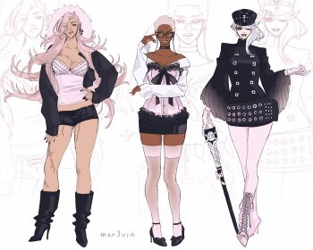 3girls absurdres black_jacket black_skirt breasts cane corset dark-skinned_female dark_skin feather-trimmed_sleeves frilled_corset frills gachiakuta highres jacket large_breasts long_hair looking_at_viewer mar3via mildretta_(gachiakuta) multiple_girls parted_bangs pink_corset pink_hair round_eyewear semiu_grier short_hair skirt spiked_shirt thighhighs too_lily very_long_hair very_short_hair white_hair white_lips white_thighhighs zoom_layer