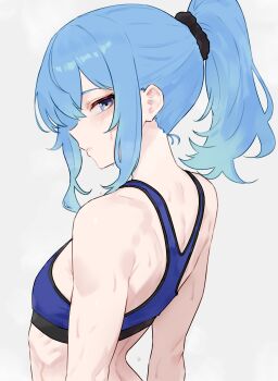 1girl absurdres alternate_costume back blue_eyes blue_hair blue_sports_bra bluefield flat_chest high_ponytail highres hololive hoshimachi_suisei looking_at_viewer ponytail sidelocks sideways_glance simple_background solo sports_bra star_(symbol) star_in_eye sweat symbol_in_eye upper_body virtual_youtuber