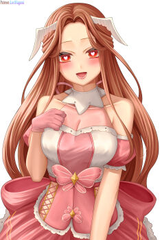 Rule 34 | 1girl, :d, absurdres, artist name, bare shoulders, blush, bow, breasts, brown hair, cleavage, collarbone, detached sleeves, dress, gloves, hand on own chest, hand up, head wings, heart, heart-shaped pupils, highres, large breasts, long hair, looking at viewer, lori hagami, open mouth, original, parted bangs, pink dress, pink gloves, pink sleeves, puffy detached sleeves, puffy short sleeves, puffy sleeves, red eyes, see-through clothes, short sleeves, simple background, sleeveless, sleeveless dress, smile, solo, symbol-shaped pupils, teeth, upper body, white background, wings