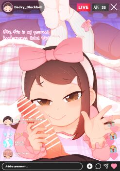 1boy 1girl bar_censor becky_blackbell bed blush brown_eyes brown_hair censored english_text erection feet flat_chest hair_ornament hair_ribbon hairclip handjob highres legs livestream loli looking_at_viewer lying on_bed on_stomach oscarlllll pantyhose penis pillow ribbon smile spy_x_family thighs