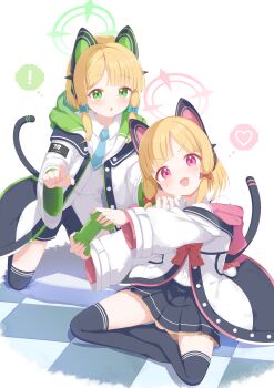 ! 2girls absurdres animal_ear_headphones animal_ears black_shorts black_skirt black_thighhighs blonde_hair blue_archive blue_bow blue_necktie bow cat_ear_headphones cat_ears cat_tail checkered_floor collared_shirt commentary controller fake_animal_ears fake_tail game_controller green_eyes green_halo hair_bow halo headphones heart hello-ghiblisan highres holding holding_controller holding_game_controller indian_style jacket kneeling long_sleeves looking_at_viewer midori_(blue_archive) miniskirt momoi_(blue_archive) multiple_girls necktie open_mouth pink_eyes pink_halo pleated_skirt red_bow revision shirt short_hair short_necktie short_shorts shorts siblings sisters sitting skirt speech_bubble spoken_exclamation_mark spoken_heart tail thighhighs thought_bubble twins white_jacket white_shirt