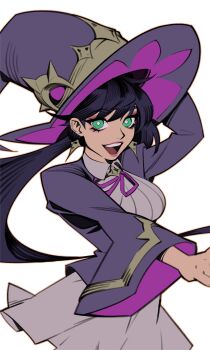 1girl :d absurdres arm_up black_hair brandon_vuong bright_pupils collared_dress commentary dress earrings english_commentary eyeshadow floating_earrings fortnite green_eyes hat helsie_(fortnite) highres jacket jewelry long_hair long_sleeves looking_at_viewer low_ponytail makeup neck_ribbon open_mouth outline outstretched_arms pink_eyeshadow ponytail purple_hat purple_jacket purple_ribbon ribbon simple_background smile solo white_background white_dress white_pupils wide_sleeves wing_collar witch witch_hat yellow_outline