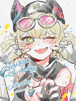 black_nails blonde_hair braid braided_hair_rings cheek_pull commentary_request dated fang fingerless_gloves genshin_impact gloves gnsn_tera goggles goggles_on_head hair_rings happy_birthday hat highres ineffa_(genshin_impact) jahoda_(genshin_impact) joints one_eye_closed pov pov_hands robot_joints skin_fang star-shaped_pupils star_(symbol) symbol-shaped_pupils