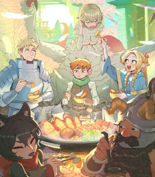 3boys 3girls absurdres animal_ears armor black_hair blonde_hair bowl braid breasts brown_hair cat_ears cat_girl chilchuck_tims chimera dinner dungeon_meshi eating elf fake_horns falin_touden fang green_eyes helmet highres horned_helmet horns hotpot izutsumi laios_touden large_breasts long_hair marcille_donato monster_girl multiple_boys multiple_girls open_mouth pointy_ears senshi_(dungeon_meshi) shin_dohan short_hair sitting smile tongue tongue_out twin_braids underboob wings yellow_eyes