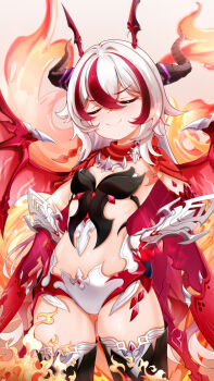 1girl absurdres armor bikini_armor black_thighhighs breasts chinese_commentary commentary_request coralie_6626_planck coralie_6626_planck_(behold!_fate-defying_dragon) dragon_girl dragon_horns dragon_tail fire highres honkai_(series) honkai_impact_3rd horns kaerbin long_hair midriff multicolored_hair red_hair small_breasts smug solo streaked_hair tail thighhighs thighs two-tone_hair very_long_hair white_hair
