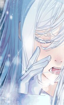 1girl absurdres aqua_gemstone breath closed_eyes colored_eyelashes commentary english_commentary frost gem gloves hakukari half-closed_eyes highres jewelry long_hair open_mouth project_sekai ring solo sparkle steam teeth white_eyelashes white_gloves white_hair yoisaki_kanade