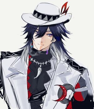 Rule 34 | 1boy, ashveil (honkai: star rail), black hair, crescent, crescent pin, earrings, fedora, gradient hair, grey eyes, hair between eyes, hashtag-only commentary, hat, highres, honkai: star rail, honkai (series), jacket, jewelry, lapel pin, light smile, long hair, lower eyelashes only, male focus, multicolored hair, necklace, open clothes, open jacket, pectoral cleavage, pectorals, seriyo 0, single earring, strap, tooth necklace, white background