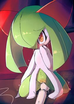 1girl blush colored_skin gen_3_pokemon green_hair green_skin hair_over_one_eye highres horns kirlia lodetail loli multicolored_skin nintendo pink_eyes pokemon pokemon_(creature) pokephilia pussy sex_toy sidelocks sweat two-tone_skin vibrator white_skin
