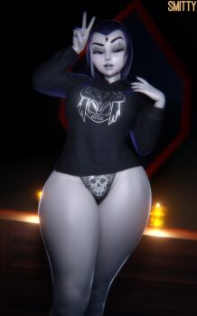 1girl 3d absurdres artist_name black_hoodie breasts colored_skin dc_comics grey_skin highres hood hoodie medium_hair panties purple_eyes purple_hair purple_nails raven_(dc) skull_print smittt34 solo thick_lips thick_thighs thighs underwear v wide_hips