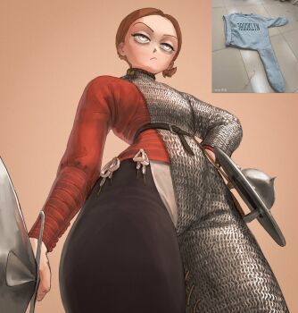 1girl absurdres armor blue_eyes brooklyn_sweater brown_hair chainmail closed_mouth emmelot_(wassnonnam) gambeson hand_on_own_hip highres holding holding_sword holding_weapon original shield short_hair simple_background solo sword thighs wass_nonnam weapon