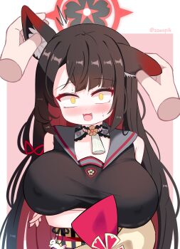 1girl 1other absurdres animal_ear_fluff animal_ears artist_name black_hair black_sailor_collar blue_archive breasts covered_erect_nipples fox_ears fox_girl halo highres holding_ears large_breasts long_hair multicolored_hair red_hair red_halo sailor_collar sleeveless solo sseopik wakamo_(blue_archive) yellow_eyes