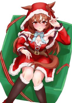1girl animal_ears armpits ayukake277 belt blush breasts commentary_request detached_sleeves gift hat highres horse_ears horse_girl long_hair looking_at_viewer red_eyes ribbon santa_hat simple_background sitting small_breasts solo still_in_love_(umamusume) thighhighs umamusume veil white_background