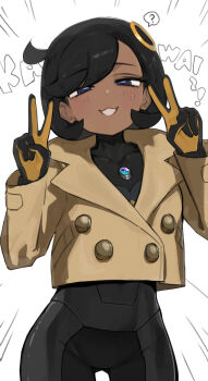 1girl :3 ? black_bodysuit black_gloves black_hair blue_eyes blush bodysuit bodysuit_under_clothes brown_jacket commentary covered_collarbone cowboy_shot cropped_jacket dark-skinned_female dark_skin double_v emma_(pokemon) gloves gluteal_fold hair_between_eyes hair_ornament highres jacket kashu_(hizake) latex latex_bodysuit looking_at_viewer mega_stone nintendo orange_gloves parted_lips pokemon pokemon_legends:_z-a revision short_hair sidelocks simple_background skin_tight smile solo spoken_question_mark standing sweatdrop swept_bangs two-tone_gloves v white_background