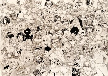 absurdres all_might anemo_nemo animal_crossing ansatsu_kyoushitsu beard blush boku_no_hero_academia bow bowtie butterfly_hair_ornament cat cellphone character_request cigar commentary_request copyright_request cowboy_hat crossover cup danganronpa:_trigger_happy_havoc danganronpa_(series) deadpool deadpool_(series) donut drifloon ebina_nana erzt5337 facial_hair fingerless_gloves fishing_rod food fukawa_toko gen_4_pokemon genocider_shou ghost glasses gloves greyscale hair_ornament hair_over_eyes hair_over_one_eye hat highres himouto!_umaru-chan holding holding_cup holding_paintbrush holding_phone holding_spoon hoshi_ryoma instrument jewelry jiro_kyoka kill_me_baby kinger_(the_amazing_digital_circus) kono_subarashii_sekai_ni_shukufuku_wo! lana_(pokemon) leberblume mahou_shoujo_ni_akogarete marvel mineta_minoru monochrome multiple_boys multiple_crossover multiple_girls mustache napstablook necklace necktie nintendo one_piece open_mouth paintbrush phone pokemon pokemon_(creature) saliva scar scar_on_face sonya_(kill_me_baby) splatoon_(series) spoon sweat sweater_vest the_amazing_digital_circus tongue tongue_out top_hat traditional_media undertale utdr_(toby_fox) v vanir