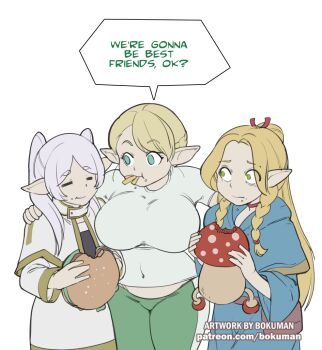 3girls artist_name blonde_hair bokuman braid breasts burger closed_eyes closed_mouth commentary covered_navel cowboy_shot crossover dungeon_meshi eating elf elf-san_wa_yaserarenai. elfuda_(elf-san_wa_yaserarenai.) english_commentary english_text food food_in_mouth french_fries frieren green_eyes green_pants grey_hair hand_on_another&#039;s_shoulder large_breasts long_hair looking_at_another looking_to_the_side marcille_donato multiple_crossover multiple_girls mushroom pants patreon_username plump pointy_ears simple_background sousou_no_frieren speech_bubble talking twin_braids walking_mushroom_(dungeon_meshi) watermark web_address white_background