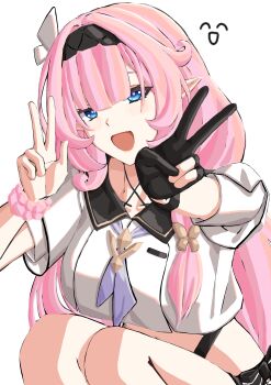 1girl absurdres alternate_costume black_gloves blue_eyes breasts commentary_request elysia_(honkai_impact) fingerless_gloves gloves highres honkai_(series) honkai_impact_3rd korean_commentary large_breasts looking_at_viewer neckerchief open_mouth pink_pupils pointy_ears purple_neckerchief pyeong_il shirt sidelocks single_fingerless_glove smile solo squatting white_shirt