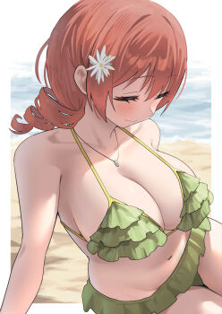 1girl absurdres beach bikini blush breasts cleavage closed_eyes closed_mouth commentary_request drill_hair emma_verde flower freckles frilled_bikini frills green_bikini hair_flower hair_ornament highres jewelry large_breasts love_live! love_live!_nijigasaki_high_school_idol_club navel ocean pendant red_hair solo swimsuit white_flower yuu_(shampoohatslime)