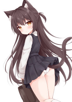 1girl absurdres animal_ear_fluff animal_ears ass bag brown_eyes brown_hair cat_ears cat_girl cat_tail dress highres loli long_hair long_sleeves looking_back mochizuki_riku original panties pleated_dress shirt simple_background sleeveless sleeveless_dress socks solo tail underwear white_background white_panties white_shirt white_socks