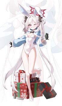 1girl absurdres animal_ears bare_legs black_gloves blue_archive blue_capelet blush box breasts capelet countdown_timer covered_navel explosive fake_animal_ears full_body gift gift_box gloves grenade grin half_gloves halo high_heels highres holding holding_grenade j.j_(66752902) leotard loli long_hair long_sleeves looking_at_viewer mutsuki_(blue_archive) one_eye_closed playboy_bunny pointy_ears purple_eyes rabbit_ears red_halo shoes simple_background small_breasts smile solo standing standing_on_one_leg twintails very_long_hair white_background white_hair white_leotard white_shoes