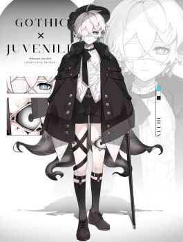 +_+ 1boy absurdres aqua_eyes aqua_gemstone black_bow black_bowtie black_cloak black_hat black_ribbon black_shorts black_socks boater_hat bow bowtie bright_pupils brown_shoes cane cloak closed_mouth collared_cloak color_guide cracked_skin cross-laced_shoes crossed_bangs earrings english_text expressionless extra_eyes eyepatch full_body gem hair_between_eyes hanami_haru hat hat_ribbon highres holding holding_cane jewelry leg_ribbon legwear_garter long_sleeves looking_at_viewer male_focus medical_eyepatch original pointy_ears ribbon shadow shirt shoes short_hair shorts socks solo standing straight-on tentacles untucked_shirt white_background white_hair white_pupils white_shirt zoom_layer
