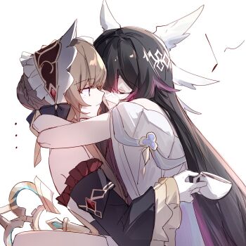 2girls black_hair blush brown_hair closed_eyes closed_mouth columbina_(genshin_impact) commentary cup drinking_glass genshin_impact hibioes highres holding holding_cup hug long_hair multicolored_hair multiple_girls open_mouth purple_streaks sandrone_(genshin_impact) short_hair simple_background streaked_hair untranslatable_commentary white_background yuri