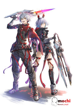 1boy 1girl blush bob_cut earrings full_body grey_hair gunblade headgear highres hood hoodie jewelry looking_at_viewer looking_back multicolored_hair omotti open_mouth phantasy_star phantasy_star_online_2 short_hair skindentation smile thigh_strap trigger twitter_username weapon white_hair yellow_eyes