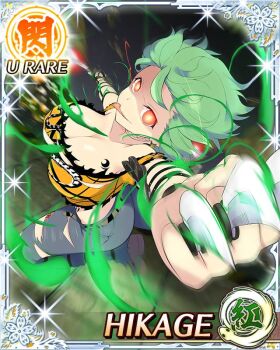 Rule 34 | 1girl, arm holster, ass, aura, between fingers, border, breast tattoo, breasts, card (medium), character name, cleavage, denim, dual wielding, game cg, glowing, glowing eyes, green hair, hikage (senran kagura), hip tattoo, holding, holding knife, jeans, knife, knife sheath, knives between fingers, large breasts, leg holster, looking at viewer, low neckline, medium hair, official art, open fly, orange shirt, pants, red eyes, senran kagura, senran kagura new wave, sheath, shirt, shoulder tattoo, slit pupils, smile, snake tattoo, solo, tattoo, third-party source, tongue, tongue out, torn clothes, torn jeans, torn pants