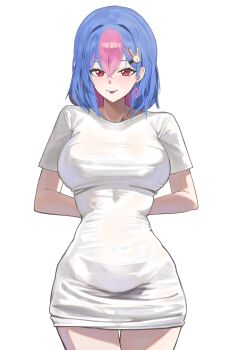 1girl absurdres arms_behind_back bing_hayu blue_hair clock_hair_ornament closed_mouth commentary cowboy_shot curvy diamond_earrings double-parted_bangs earrings gigabani hair_between_eyes highres jewelry long_bangs long_shirt looking_at_viewer luvdia meme multicolored_hair no_pants pajamas_challenge_(meme) pink_eyes shirt short_sleeves simple_background solo standing streaked_hair symbol-only_commentary t-shirt taut_clothes taut_shirt tongue tongue_out two-tone_hair variant_set virtual_youtuber white_background white_shirt wide_hips