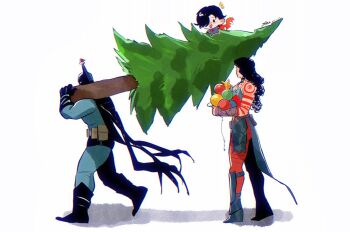 1girl 2boys absolute_batman absolute_dc absolute_superman absolute_wonder_woman back_spikes bat_mask batman chibi christmas_tree commentary_request cowl dc_comics highres multiple_boys red_tattoo smallstarrrr superhero_costume superman tattoo tattoo_sleeve wonder_woman
