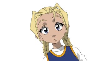 1girl basketball_jersey blonde_hair blue_eyes braid child cindy_mcphearson commentary derivative_work english_commentary long_bangs long_hair looking_at_viewer shirt solo surprised t-shirt the_boondocks twin_braids upper_body vector_trace white_background white_shirt yourfavoritesenpai