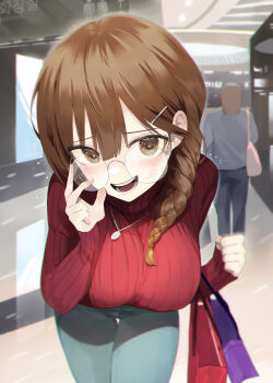 1girl absurdres bag blue_pants blush braid breasts brown_eyes brown_hair commentary_request denim glasses hair_ornament hair_over_shoulder hairclip handbag highres jeans jewelry k_hottok large_breasts leaning_forward long_hair long_sleeves looking_at_viewer lower_teeth_only necklace open_mouth original pants red_bag red_sweater ribbed_sweater round_eyewear single_braid smile solo_focus sweatdrop sweater teeth thigh_gap turtleneck turtleneck_sweater